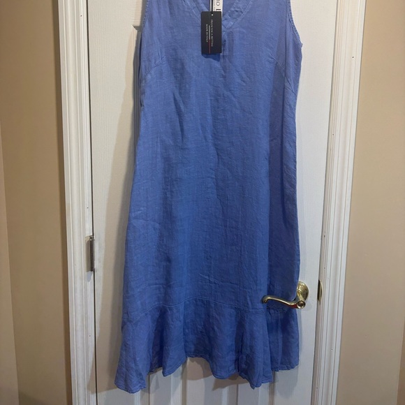 Linen Midi Dress Periwinkle Blue Sleeveless Ruffle Hem Italy S NWT - Picture 2 of 8